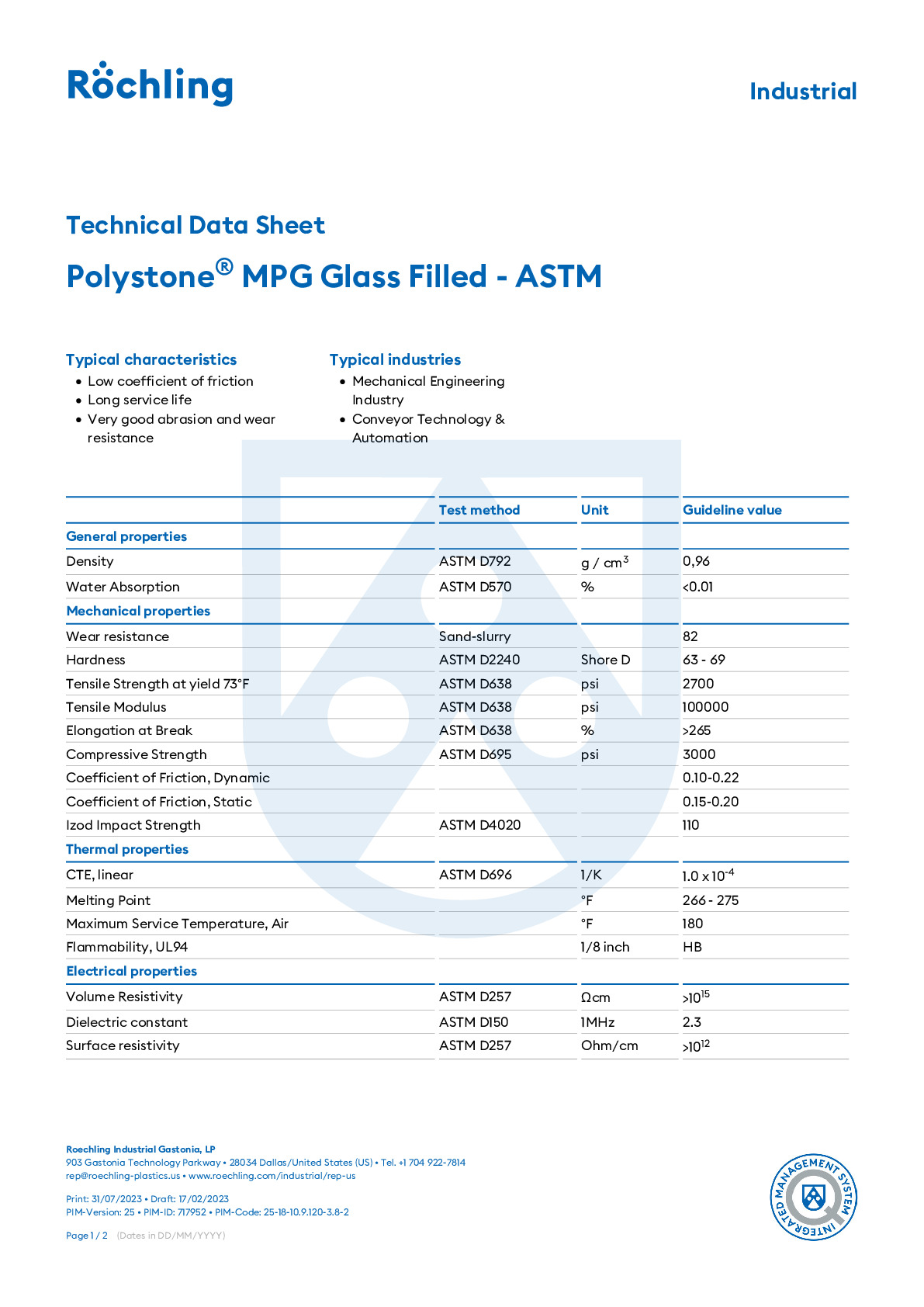 Polystone MPG Glass Filled - ASTM
